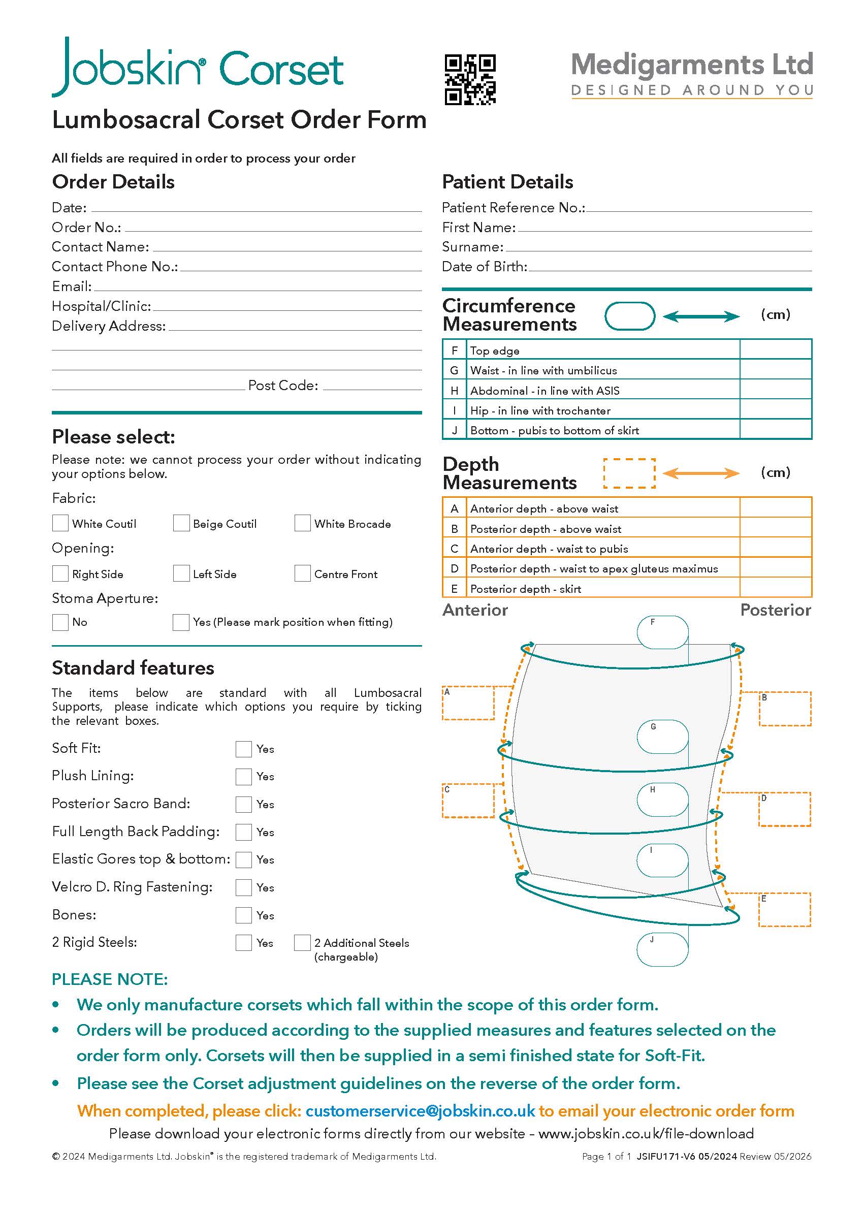 Jobskin Lumbosacral Corset Order Form - Electronic